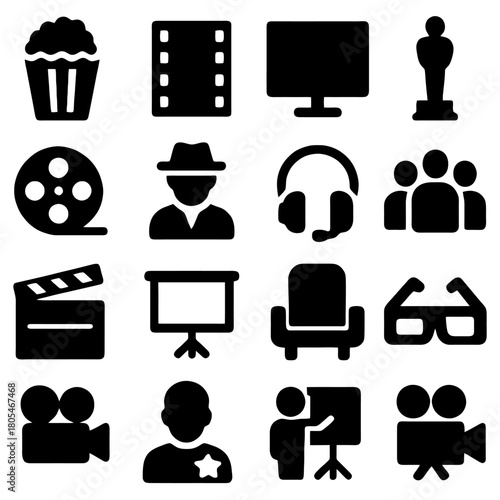 Movie Icon Collection: A series of iconic symbols representing the world of cinema, perfect for any project related to movies and entertainment.