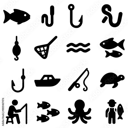 Fishing Icons: An assortment of black fishing-related icons, each meticulously designed to represent various aspects of the sport, including a net, fish, hooks, and boat.