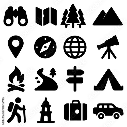 Journey's Compass: Collection of travel icons. Including binoculars, map, compass, world globe and tent. It encapsulates the spirit of exploration and adventure. 