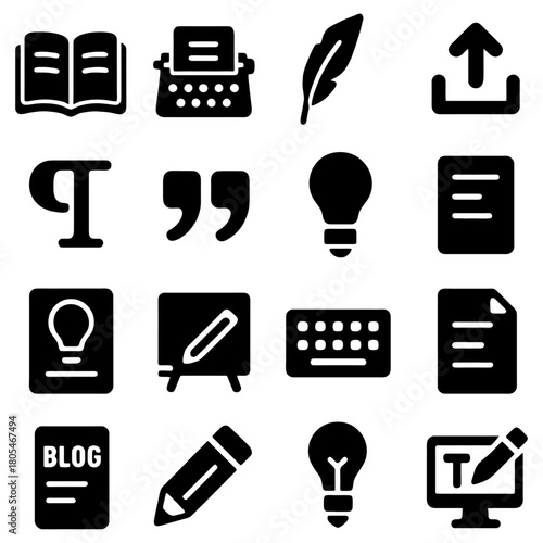 Essential Writing Icon Collection: A comprehensive compilation of key icons representing the core elements of writing and content creation, designed to inspire the pursuit of storytelling.