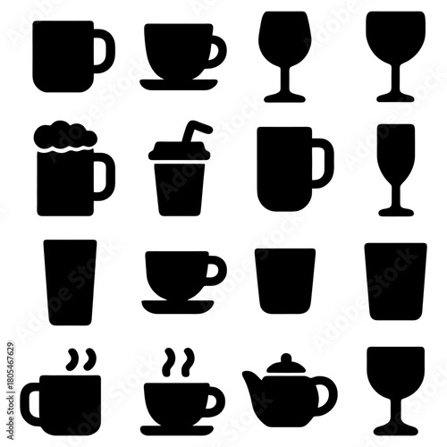 Variety of Drinkware Icons: A compilation of drinkware icons with various shapes. Perfect for menus, websites, and design projects.
