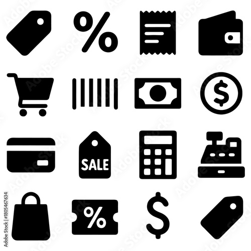 Shopping Symbols: A comprehensive collection of iconic symbols essential for any shopping experience, each representing a facet of commerce, from payment methods to price reductions. 