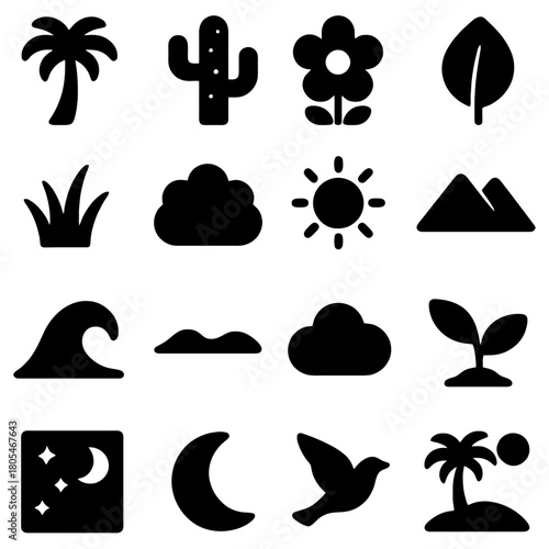 Nature Icon Set: A collection of simple, stylized icons representing various natural elements. A visual language that conveys environmental themes with minimalist simplicity. 