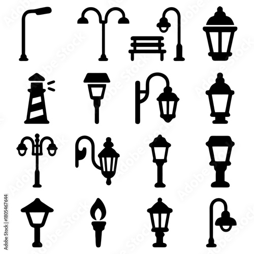 Illuminating Design: A captivating collection of intricately designed streetlights, each casting its unique silhouette, perfect for urban aesthetics.