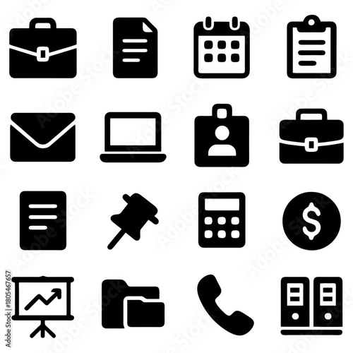 Business Icon Set: A comprehensive collection of business-related icons, each meticulously designed to represent essential tools and concepts within the professional sphere.