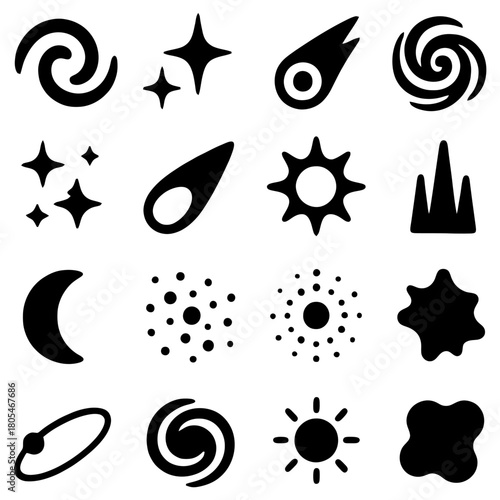 Celestial Black Icons: A collection of black silhouette icons of celestial bodies, offering versatility for space-themed projects, scientific illustrations, and abstract designs.