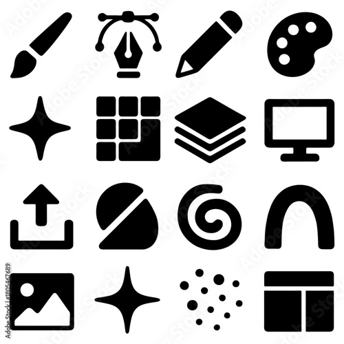 Graphic Icons for Creativity: A visual feast of graphic design icons, each representing a tool and aspect of the creative process, from the brush and pen to the layer.