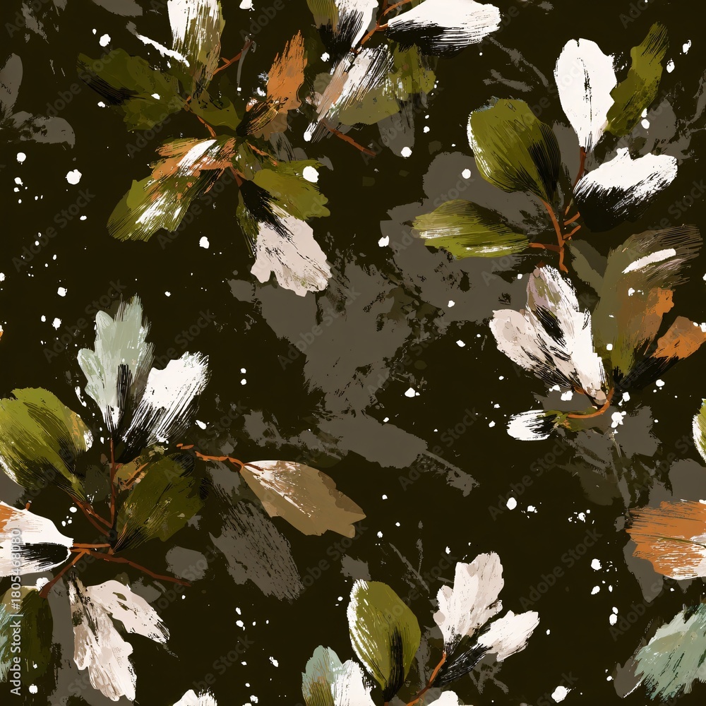 Fototapeta premium Abstract autumn leaves seamless pattern background in brush stroke texture. Botanical wallpaper design with falling foliage. Graphic print for textile.