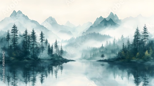 A serene watercolor landscape featuring misty mountains and a reflective lake surrounded by evergreen trees, creating a tranquil and atmospheric scene perfect for wall art and decor projects.