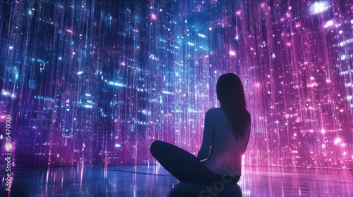 Digital technology, internet network connection, big data, digital marketing IoT internet of things. Woman using modern computer surfing internet futuristic metaverse, innovative technology b