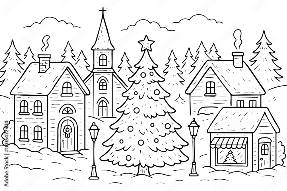 Naklejka premium Christmas village line art illustration, church, houses, pine trees in a snowy winter scene, with a christmas tree in the middle. Vector png illustration, coloring page