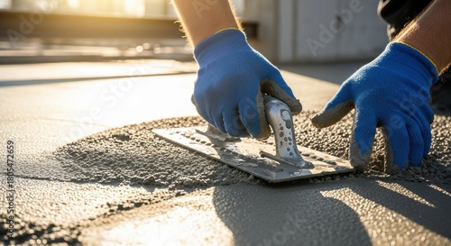 Close up of a construction worker's gloved hands smoothing wet concrete with a trowel, rough texture, industrial setting, sunlight hitting the surface, detail oriented .