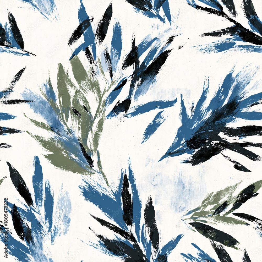 Naklejka premium Hand-painted abstract leaves seamless pattern in blue and green strokes on white background for textile, print, wallpaper, fabric.