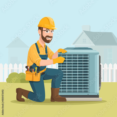 HVAC Technician inspecting air conditioning unit outside a house