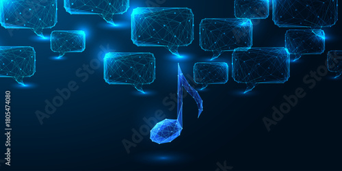 AI and digital music generation with glowing low poly note and speech bubbles in futuristic style