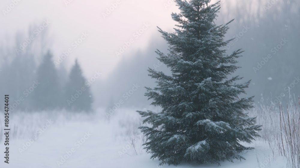 Fototapeta premium Snow covered pine tree stands in a field