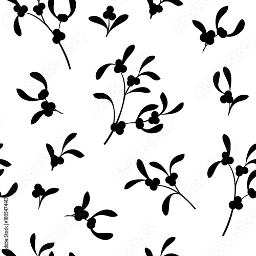 Black white Christmas Holly and Mistletoe pattern