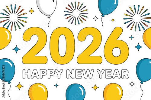 Happy New Year 2026 graphic with balloons and fireworks represents a celebration of the coming year.