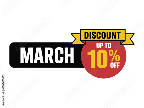 March discount offer up to 10% off, graphic design element on white background.