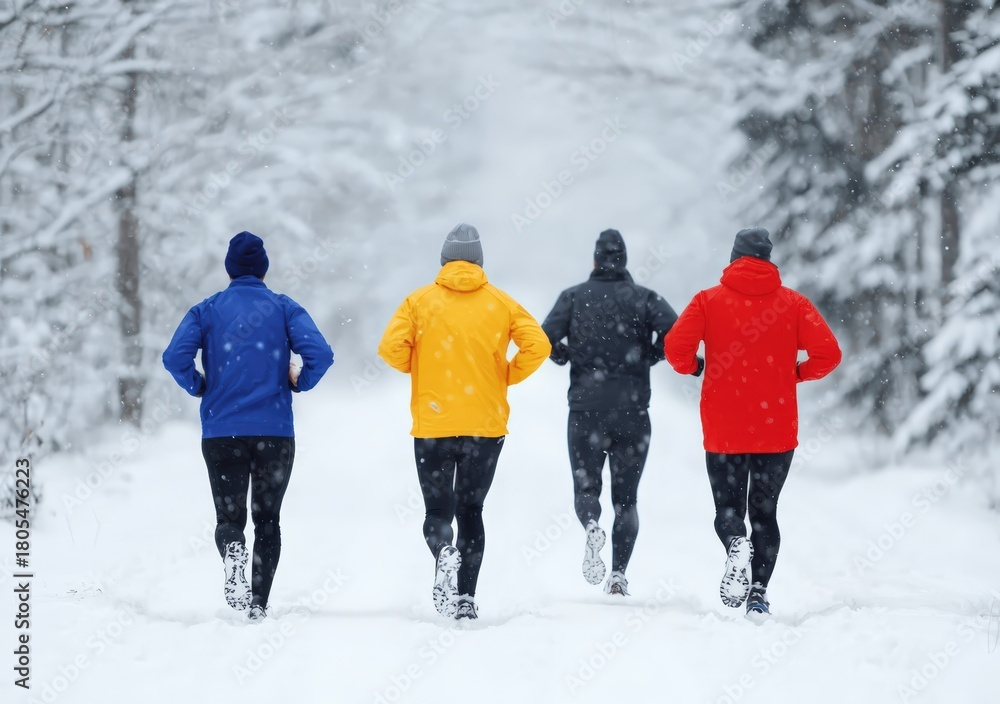 Naklejka premium Group of four vibrant runners is exercising, enjoying a winter run along a snowy forest path during falling snowflakes