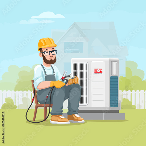 HVAC Technician Sitting Near an Air Conditioning Unit Outdoors