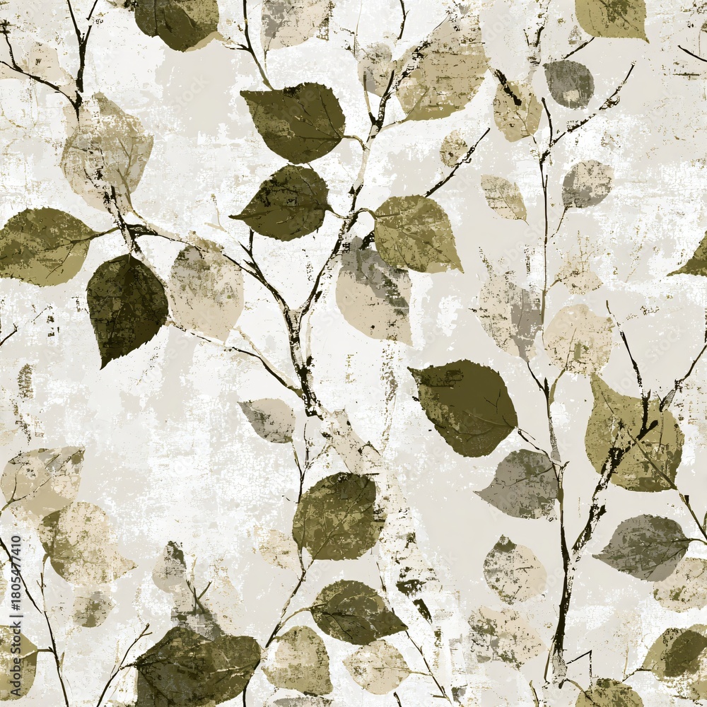 Fototapeta premium Seamless pattern with distressed olive and beige leaves on branches, creating a rustic background for textile, print, or wallpaper design.