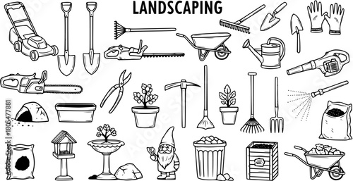 Hand-drawn Landscaping and Gardening Tools Set - Outdoor Yard Work Equipment Collection Doodle Vector Illustration