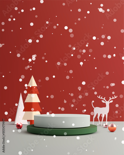 Christmas Holiday Product Display Podium with Falling Snow and Festive Decorations on Red Background