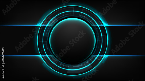 Futuristic dark technology background with vibrant cyan blue glowing circular HUD interface and abstract digital concentric rings for data and communication concepts