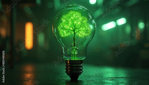 Illustration of green tree growing inside electric light bulb. Concept of eco-friendly energy, sustainable tech. Nature merges with innovation. Energy efficiency, environmental protection concept.
