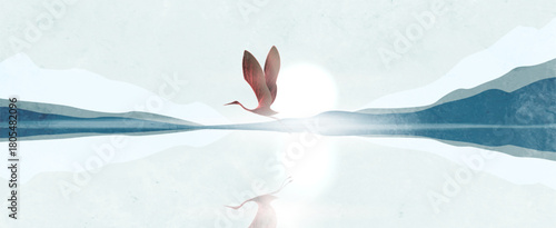 Landscape art background with mountains, a lake, and a crane against the sun. Vector nature banner for decor, prints, wallpaper, textiles, posters, and packaging.