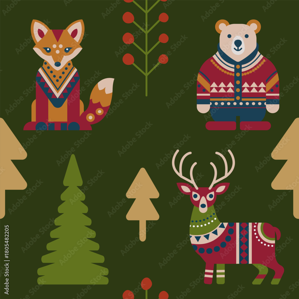 Fototapeta premium Seamless pattern with wild animals and fir trees