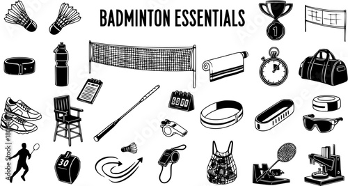 Hand-Drawn Doodle Set of Badminton Essentials: Equipment, Gear, and Accessories including Rackets, Shuttlecocks, Net, Shoes, Water Bottle, Trophy, and Player Silhouette. Vector Illustration.