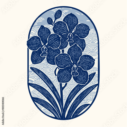 blue monochrome orchid oval with wave-pattern backdrop for refined botanical branding