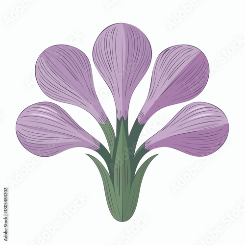 regal five-petal purple blossom emblem with upright verdant leaves for refined branding