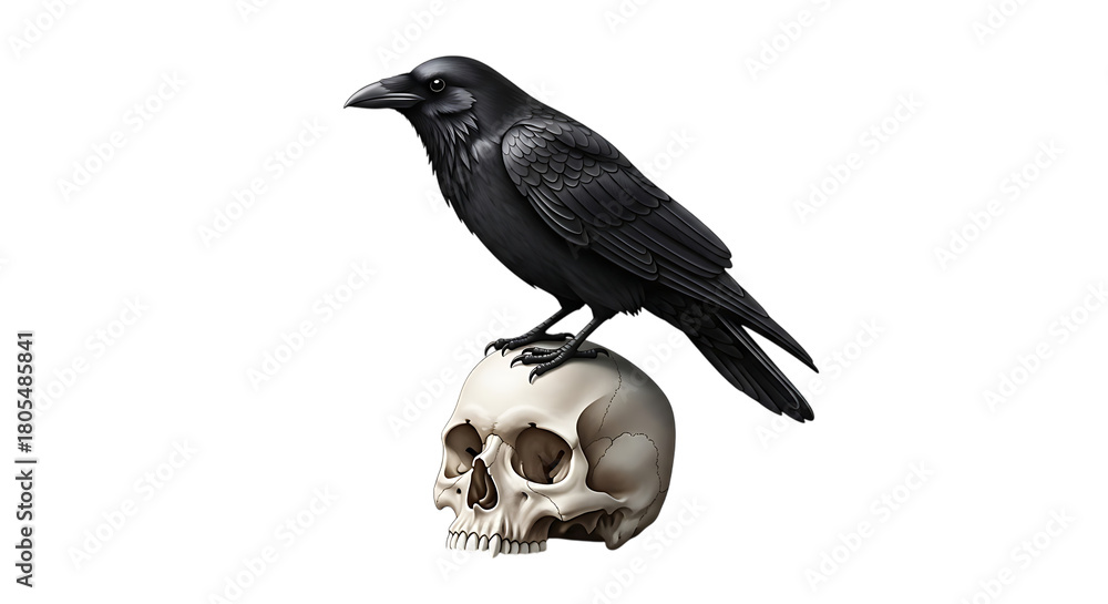 Naklejka premium Black raven, perched on a detailed human skull with a dark background, cutout, PNG isolated on transparent background