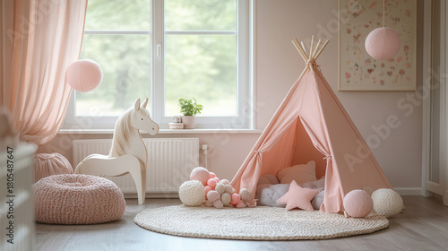 Corner children's room beautifully decorated teepee play tent and round rug glowing fairy lights and play tent background, creating dreamy nighttime atmosphere.