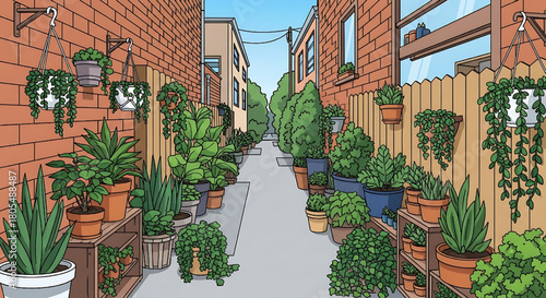 Urban Oasis: Alleyway Transformed with Lush Greenery and Potted Plants