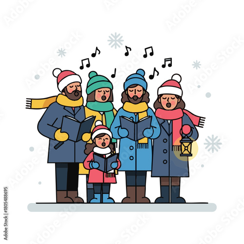 Group of family singing carols outdoors in winter for Christmas  