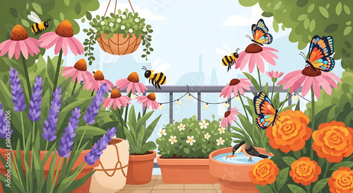 Lush Balcony Garden with Blooming Flowers and Visiting Butterflies
