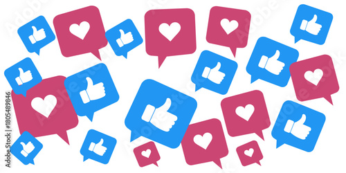 Scattered background of social media icons of love and likes. Love, like and set of social media icon symbols on white background.