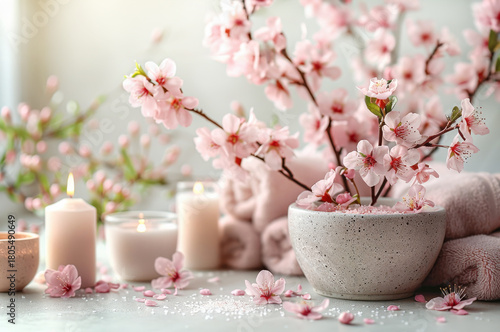 Wallpaper Mural Spa composition with blooming cherry blossoms, candle and soft towels on a textured green background Torontodigital.ca