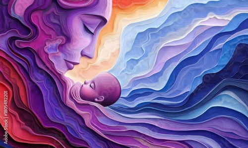 Abstract mother holding baby with colorful waves generative ai artwork