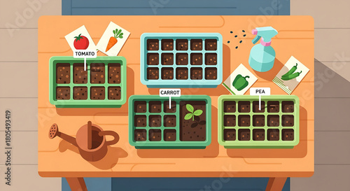 Vegetable seedlings in starter trays on wooden table top view