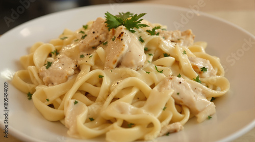 Creamy fettuccine alfredo with grilled chicken and fresh parsley, served on a white plate.
