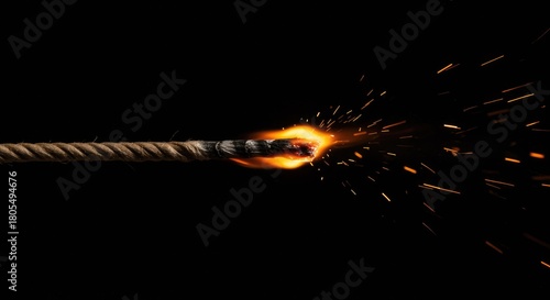 A lit fuse on a rope burns brightly with sparks against a dark background
