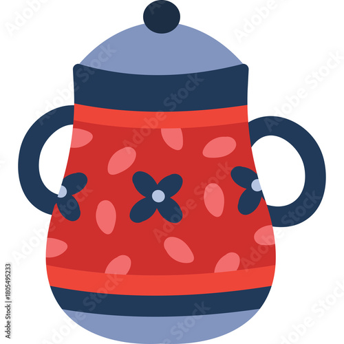 Decorative Red Teapot With Blue Floral Pattern And Handles On A Light Blue Base And Lid Illuminated By Soft Light