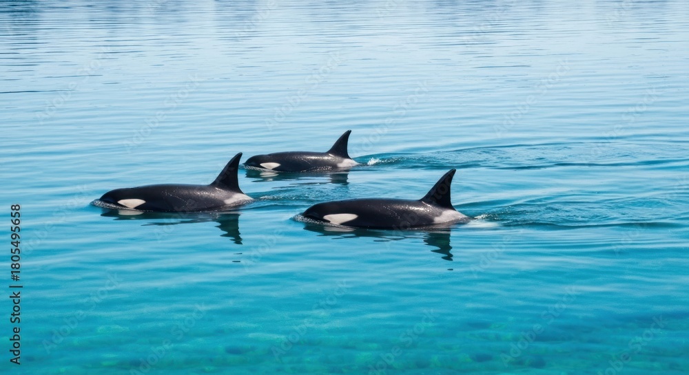Fototapeta premium Three orcas swim in clear, turquoise water, fins visible