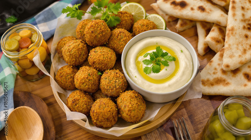 Close-up shot of a plate of falafel balls with hummus, pita bread, and pickles.