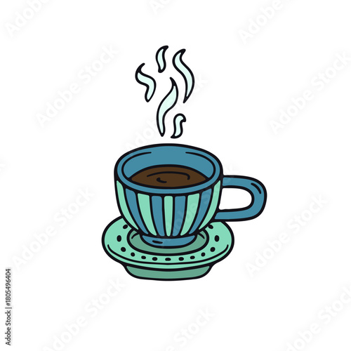 Hand drawn hygge doodle ceramic coffee cup and saucer icon vector illustration